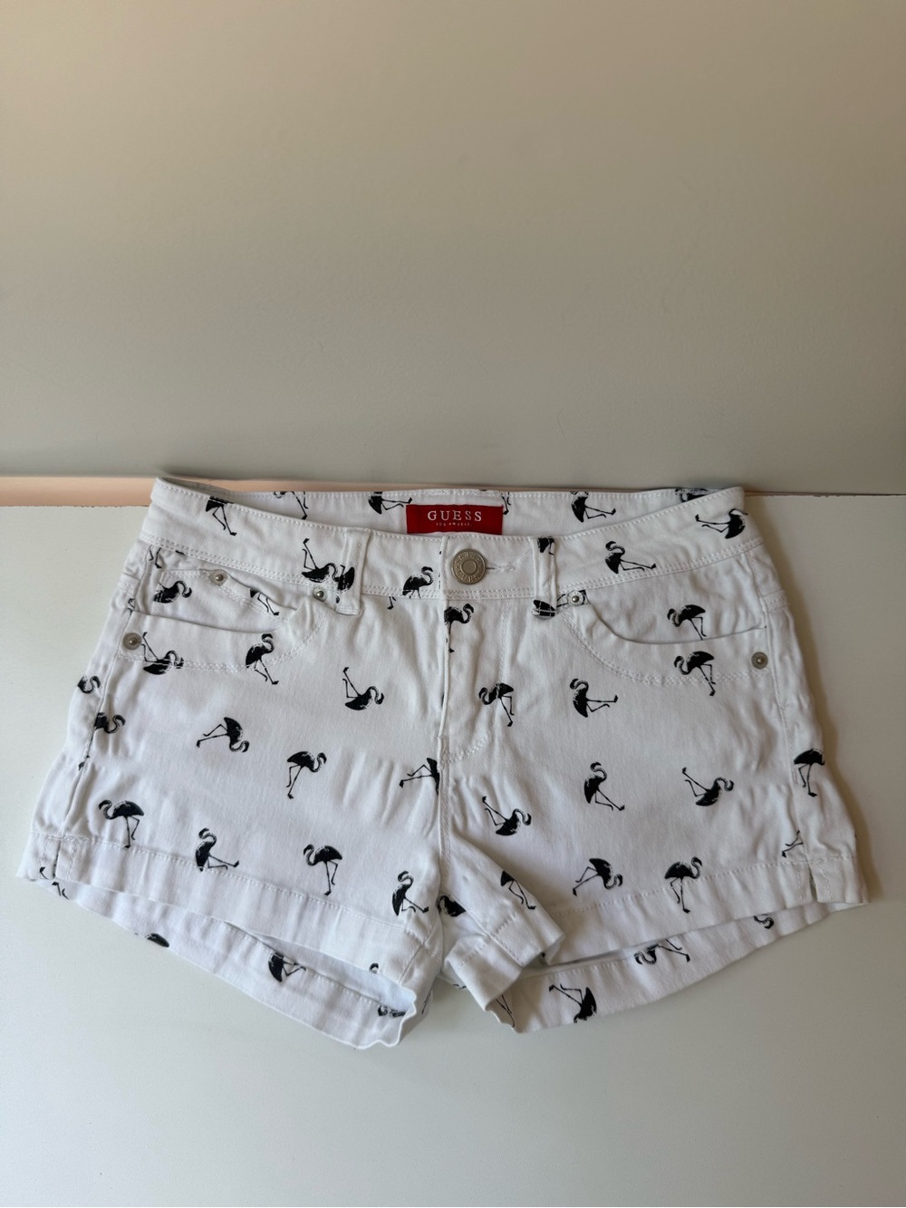 GUESS White Jean Shorts with Black Flamingo Print